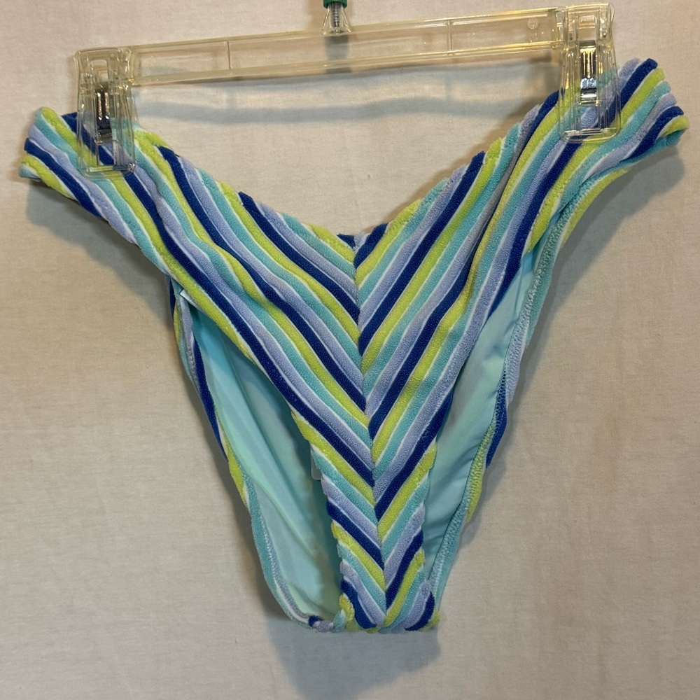 AA-451 Aerie NWT Cheeky‎ Blue Green & Purple Stripe Summer Swim Bikini Bottoms